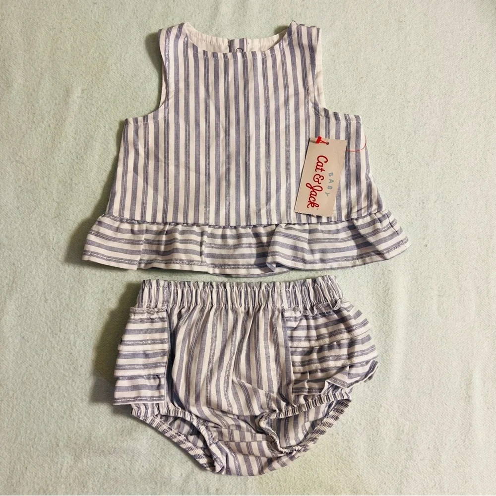 NWT! Cat & Jack Top & Bloomers, 2-Piece Set, Blue & White Stripes, 6-9M
